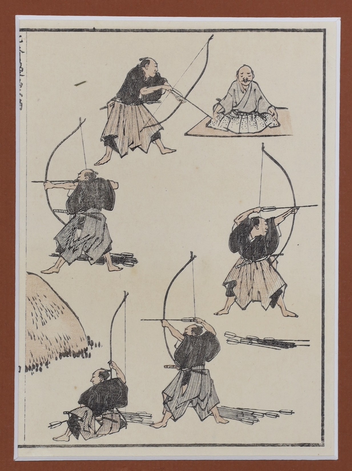 Katsushika Hokusai, set of four Japanese woodblock prints, Warriors with matchlock rifles, archers and wrestlers, 18 x 13cm, unframed